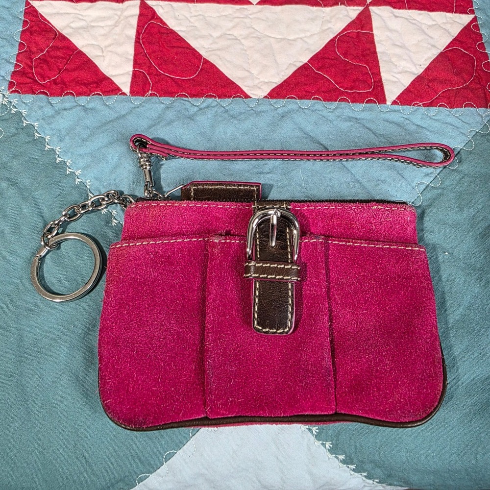 Levenger Magenta Suede Leather Trim Wristlet Pouch Key Ring Wallet Pink